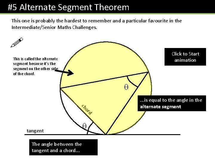 #5 Alternate Segment Theorem This one is probably the hardest to remember and a