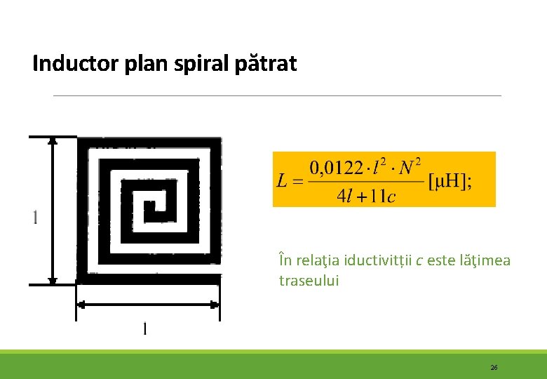 Inductor plan spiral pătrat În relaţia iductivitții c este lăţimea traseului 26 Inductor plan spiral pătrat În relaţia iductivitții c este lăţimea traseului 26