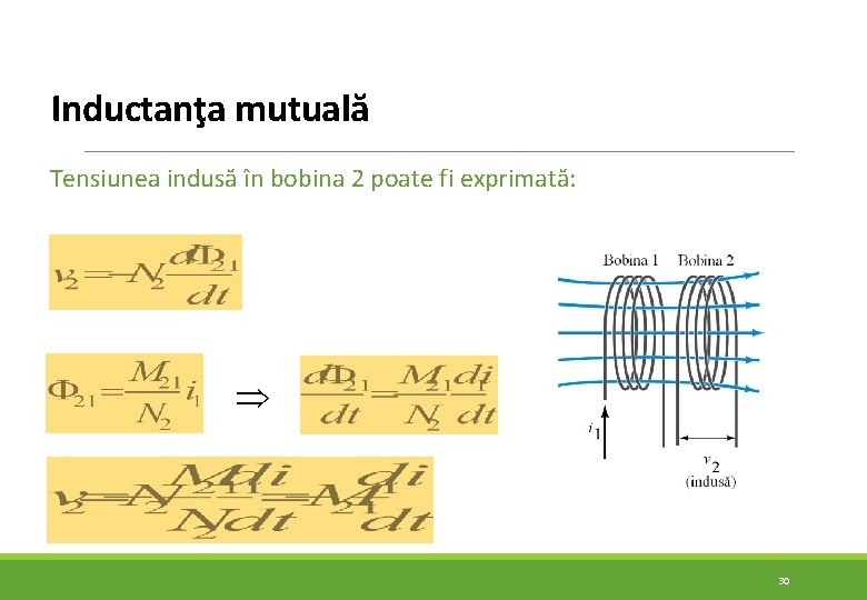 Inductanţa mutuală Tensiunea indusă în bobina 2 poate fi exprimată: 30 Inductanţa mutuală Tensiunea indusă în bobina 2 poate fi exprimată: 30
