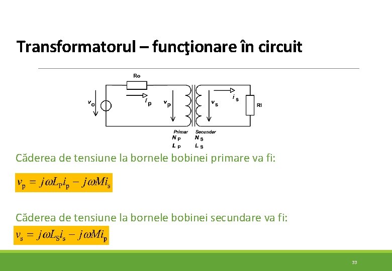 Transformatorul – funcţionare în circuit Căderea de tensiune la bornele bobinei primare va fi: Transformatorul – funcţionare în circuit Căderea de tensiune la bornele bobinei primare va fi: