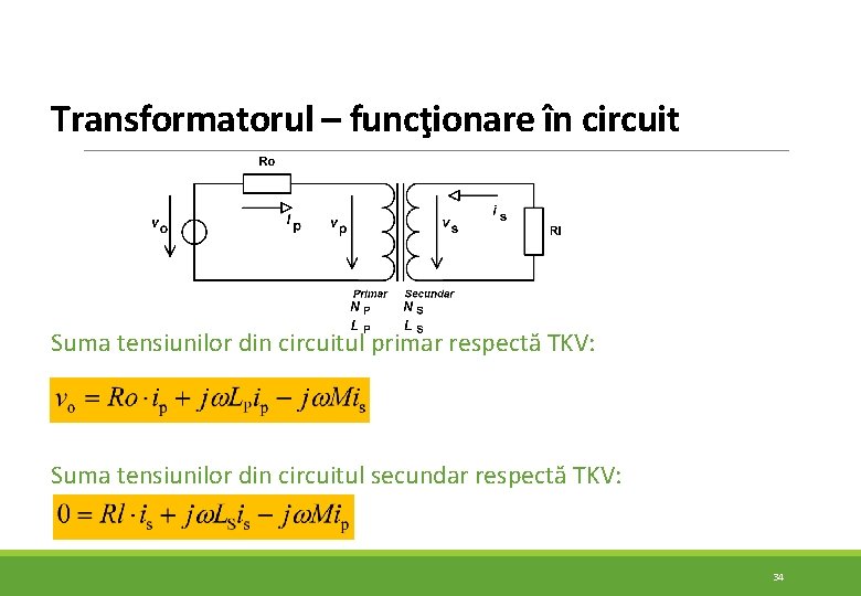 Transformatorul – funcţionare în circuit Suma tensiunilor din circuitul primar respectă TKV: Suma tensiunilor Transformatorul – funcţionare în circuit Suma tensiunilor din circuitul primar respectă TKV: Suma tensiunilor
