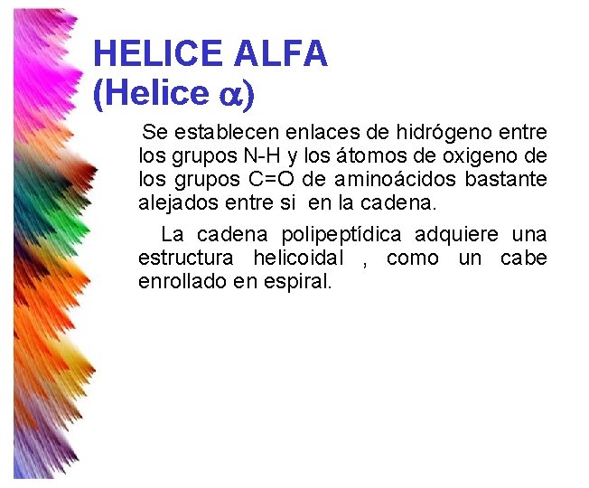HELICE ALFA (Helice a) Se establecen enlaces de hidrógeno entre los grupos N-H y HELICE ALFA (Helice a) Se establecen enlaces de hidrógeno entre los grupos N-H y