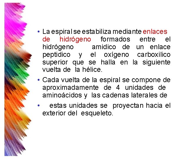 • La espiral se estabiliza mediante enlaces de hidrógeno formados entre el hidrógeno • La espiral se estabiliza mediante enlaces de hidrógeno formados entre el hidrógeno