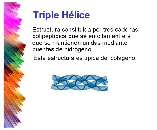 Triple Hélice Estructura constituida por tres cadenas polipeptídica que se enrollan entre si que Triple Hélice Estructura constituida por tres cadenas polipeptídica que se enrollan entre si que