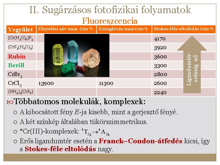 II. Sugárzásos fotofizikai folyamatok Fluoreszcencia Elnyelési sáv max. (cm-1) Kisugárzás max (cm-1) 12 Stokes-féle II. Sugárzásos fotofizikai folyamatok Fluoreszcencia Elnyelési sáv max. (cm-1) Kisugárzás max (cm-1) 12 Stokes-féle