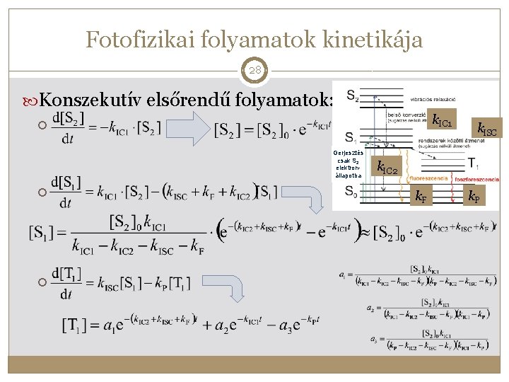 Fotofizikai folyamatok kinetikája 28 Konszekutív elsőrendű folyamatok: k. IC 1 Gerjesztés csak S 2