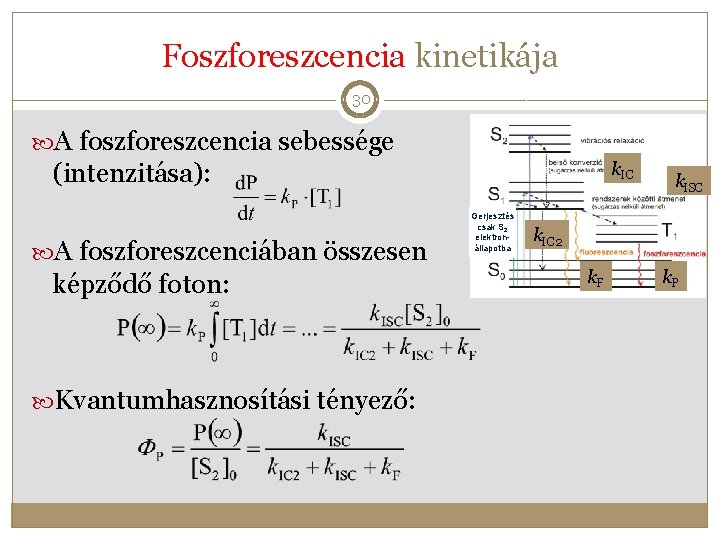 Foszforeszcencia kinetikája 30 A foszforeszcencia sebessége (intenzitása): A foszforeszcenciában összesen képződő foton: Kvantumhasznosítási tényező: