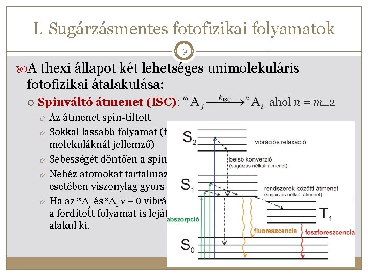 I. Sugárzásmentes fotofizikai folyamatok 9 A thexi állapot két lehetséges unimolekuláris fotofizikai átalakulása: Spinváltó