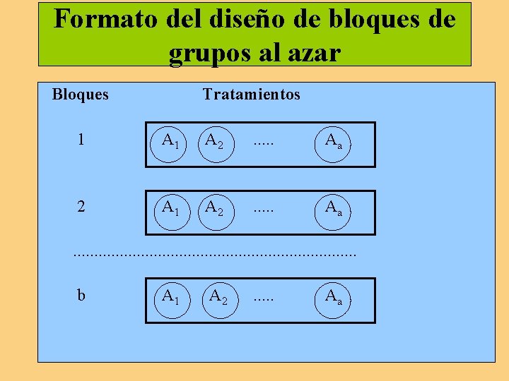 Formato del diseño de bloques de grupos al azar Bloques Tratamientos 1 A 1