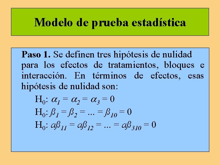 Modelo de prueba estadística Paso 1. Se definen tres hipótesis de nulidad para los