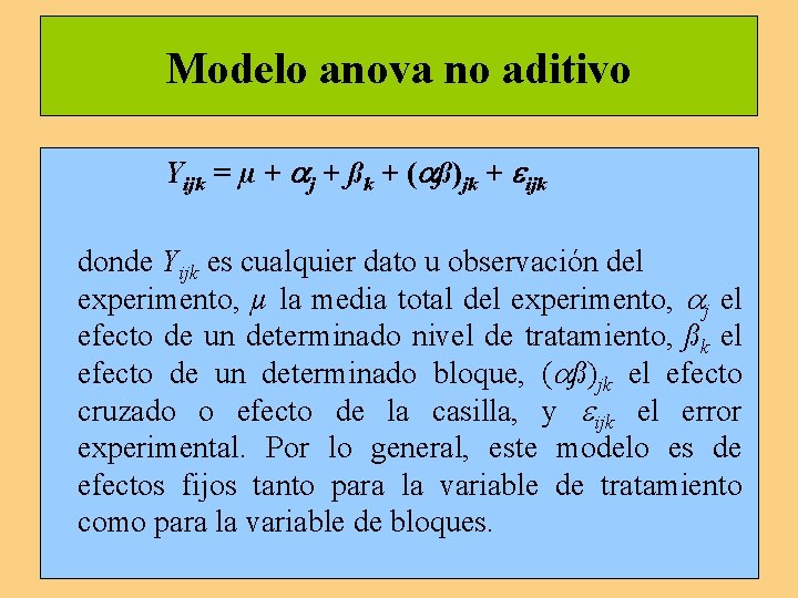 Modelo anova no aditivo Yijk = µ + j + ßk + ( ß)jk