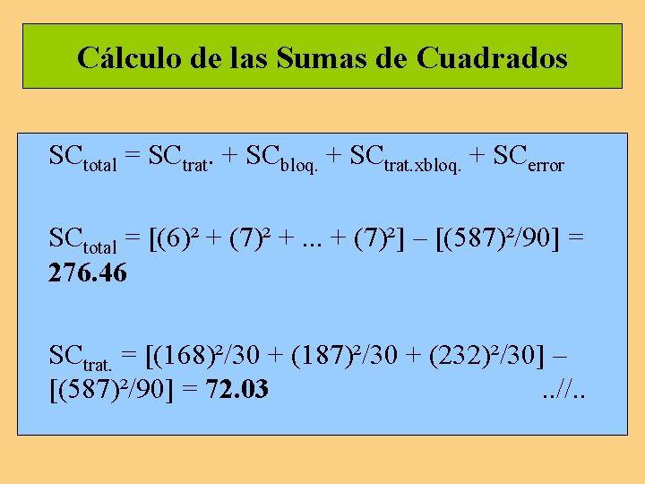 Cálculo de las Sumas de Cuadrados SCtotal = SCtrat. + SCbloq. + SCtrat. xbloq.