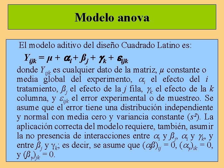 Modelo anova El modelo aditivo del diseño Cuadrado Latino es: Yijk = µ +