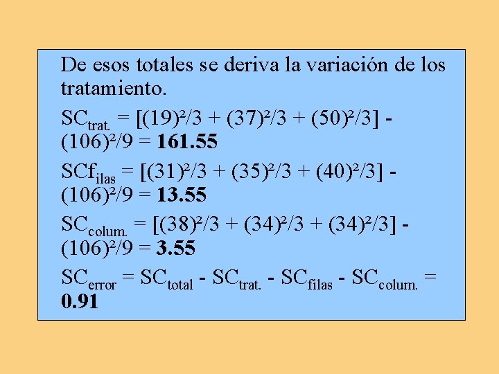 De esos totales se deriva la variación de los tratamiento. SCtrat. = [(19)²/3 +