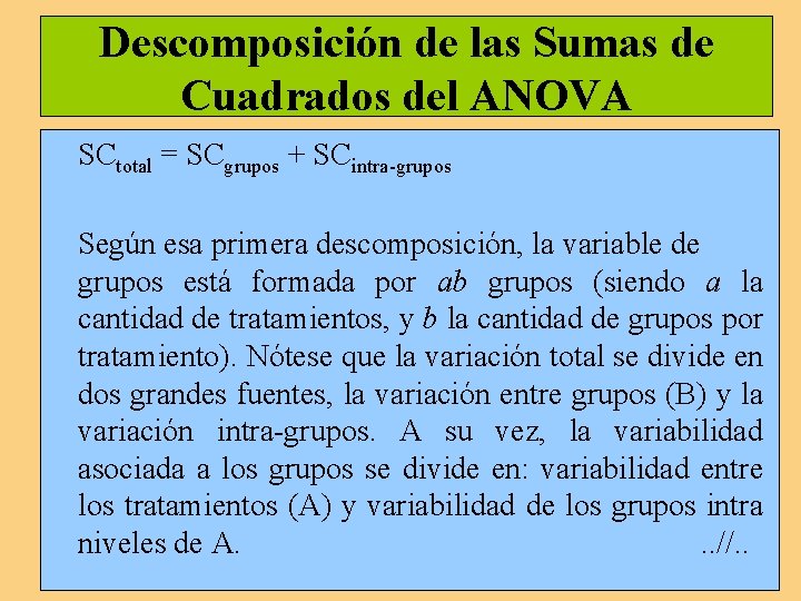 Descomposición de las Sumas de Cuadrados del ANOVA SCtotal = SCgrupos + SCintra-grupos Según