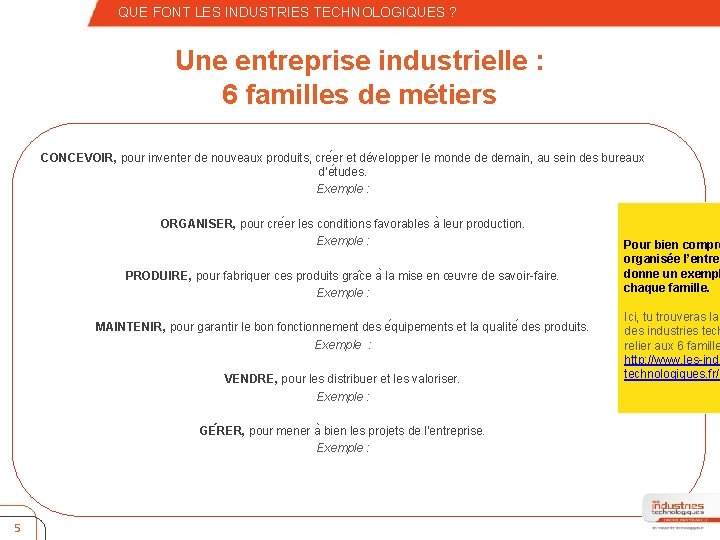 – Quatrième niveau QUE FONT LES INDUSTRIES TECHNOLOGIQUES ? Une entreprise industrielle : 6