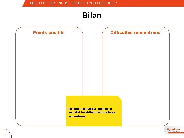 – Quatrième niveau QUE FONT LES INDUSTRIES TECHNOLOGIQUES ? Bilan Points positifs Difficultés rencontrées