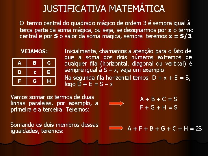 JUSTIFICATIVA MATEMÁTICA O termo central do quadrado mágico de ordem 3 é sempre igual