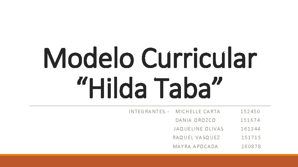 Modelo Curricular “Hilda Taba” INTEGRANTES. - MICHELLE CARTA 152450 DANIA OROZCO 151674 JAQUELINE OLIVAS