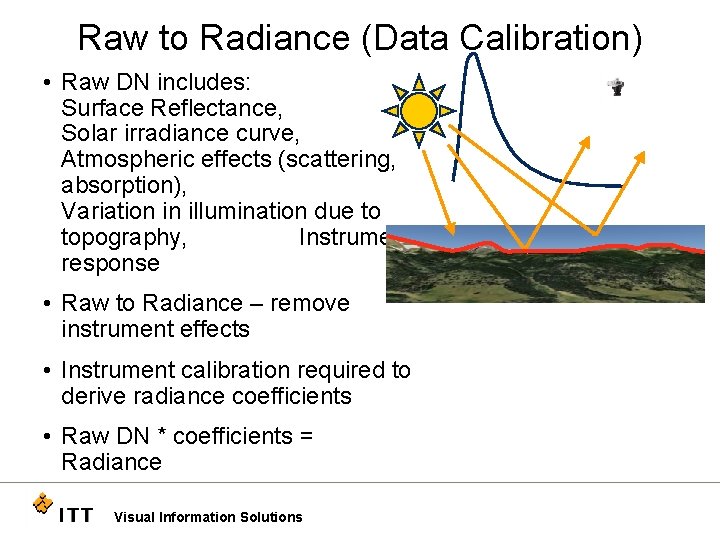 Raw to Radiance (Data Calibration) • Raw DN includes: Surface Reflectance, Solar irradiance curve,