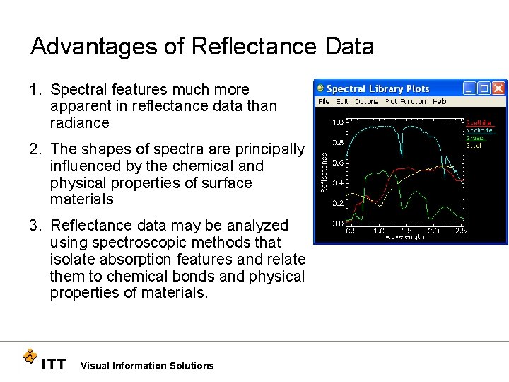 Advantages of Reflectance Data 1. Spectral features much more apparent in reflectance data than