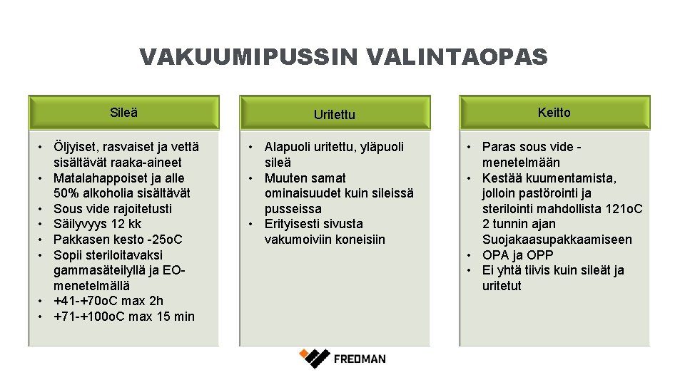 VAKUUMIPUSSIN VALINTAOPAS Sileä Uritettu Keitto • Öljyiset, rasvaiset ja vettä sisältävät raaka-aineet • Matalahappoiset