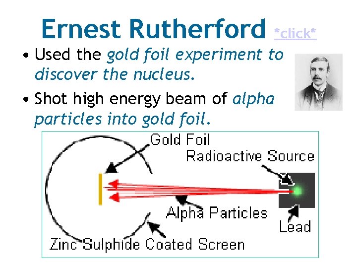 Ernest Rutherford *click* • Used the gold foil experiment to discover the nucleus. •