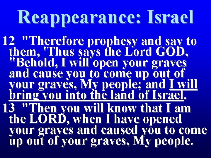 Reappearance: Israel 12 "Therefore prophesy and say to them, 'Thus says the Lord GOD,