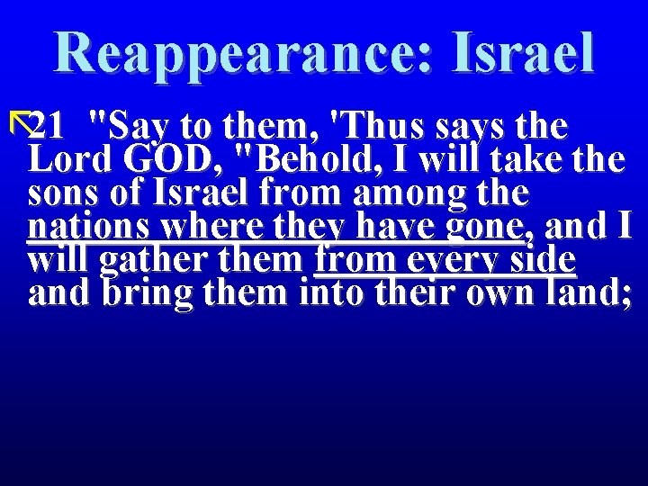 Reappearance: Israel ã 21 "Say to them, 'Thus says the Lord GOD, "Behold, I