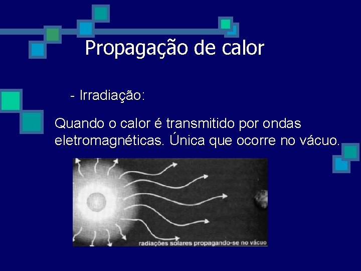 Propagação de calor - Irradiação: Quando o calor é transmitido por ondas eletromagnéticas. Única Propagação de calor - Irradiação: Quando o calor é transmitido por ondas eletromagnéticas. Única