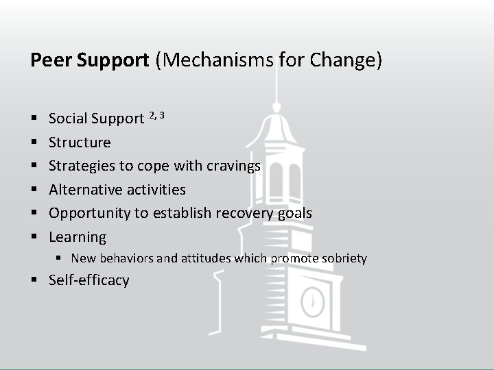 Peer Support (Mechanisms for Change) § § § Social Support 2, 3 Structure Strategies