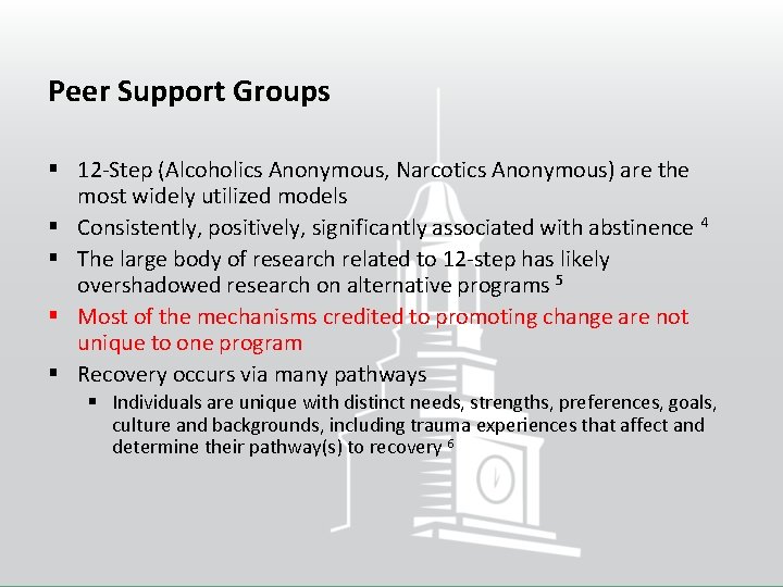 Peer Support Groups § 12 -Step (Alcoholics Anonymous, Narcotics Anonymous) are the most widely
