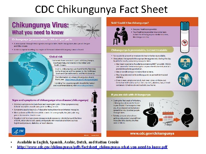 CDC Chikungunya Fact Sheet • • Available in English, Spanish, Arabic, Dutch, and Haitian