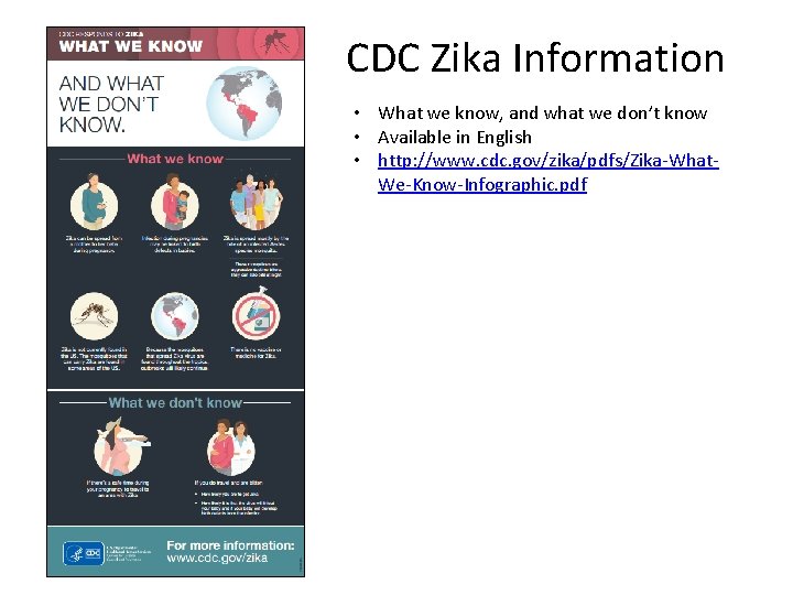 CDC Zika Information • What we know, and what we don’t know • Available
