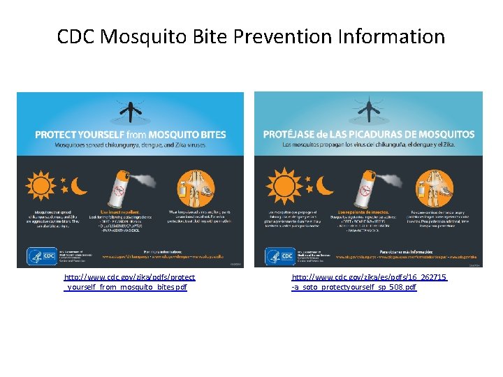 CDC Mosquito Bite Prevention Information http: //www. cdc. gov/zika/pdfs/protect _yourself_from_mosquito_bites. pdf http: //www. cdc.