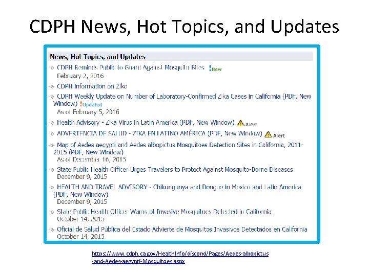 CDPH News, Hot Topics, and Updates https: //www. cdph. ca. gov/Health. Info/discond/Pages/Aedes-albopictus -and-Aedes-aegypti-Mosquitoes. aspx