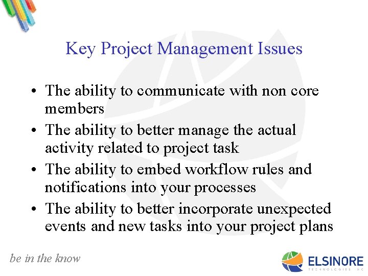 Key Project Management Issues • The ability to communicate with non core members •