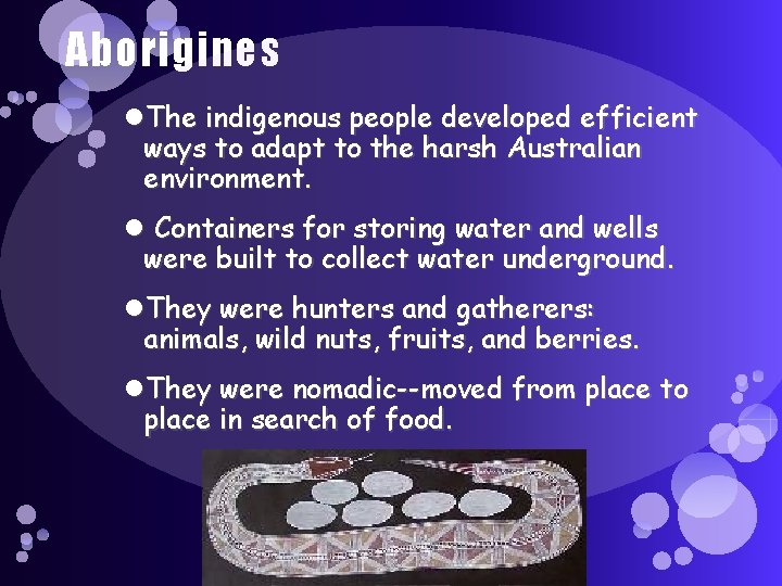 Aborigines The indigenous people developed efficient ways to adapt to the harsh Australian environment. Aborigines The indigenous people developed efficient ways to adapt to the harsh Australian environment.