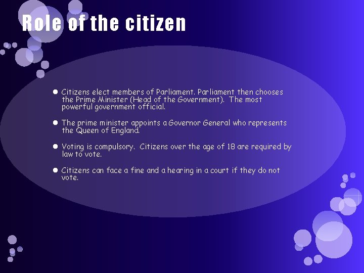 Role of the citizen Citizens elect members of Parliament then chooses the Prime Minister Role of the citizen Citizens elect members of Parliament then chooses the Prime Minister