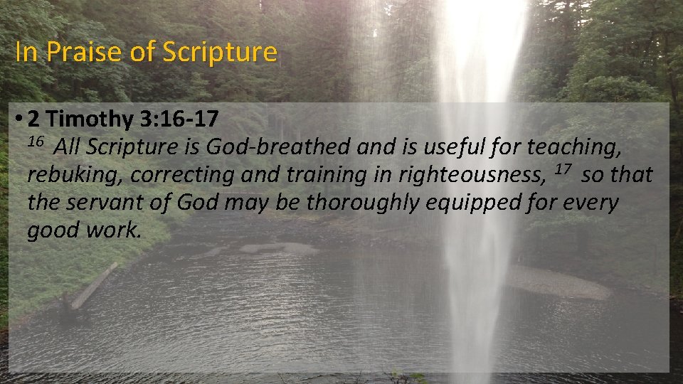 In Praise of Scripture • 2 Timothy 3: 16 -17 16 All Scripture is