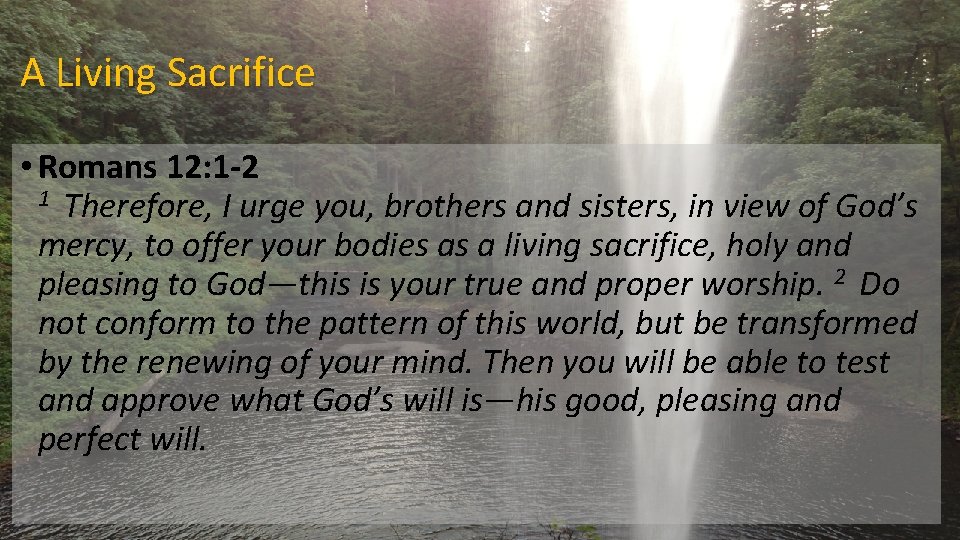 A Living Sacrifice • Romans 12: 1 -2 1 Therefore, I urge you, brothers