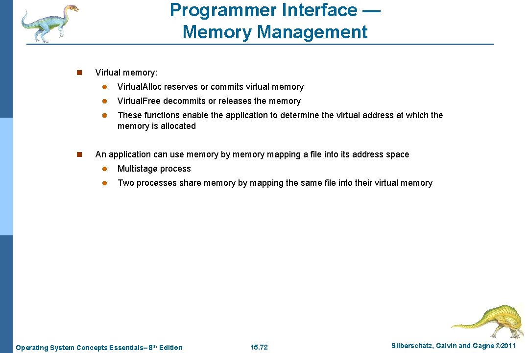 Programmer Interface — Memory Management n n Virtual memory: l Virtual. Alloc reserves or