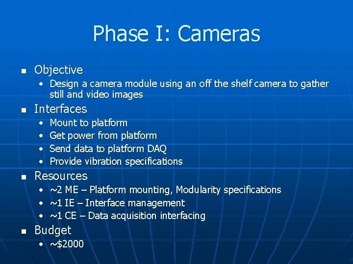 Phase I: Cameras n Objective • Design a camera module using an off the