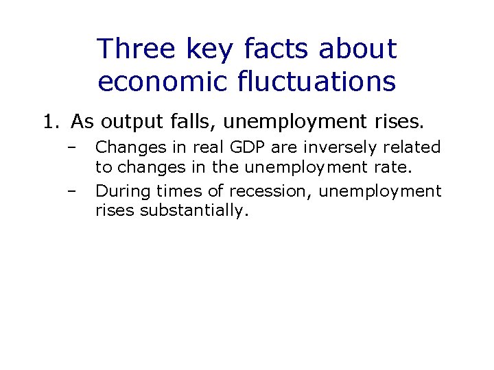 Three key facts about economic fluctuations 1. As output falls, unemployment rises. – –