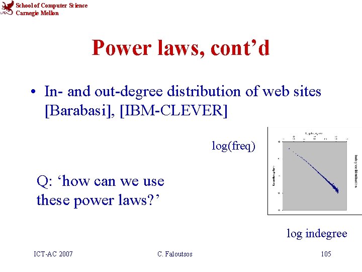 School of Computer Science Carnegie Mellon Power laws, cont’d • In- and out-degree distribution