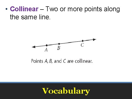  • Collinear – Two or more points along the same line. Vocabulary 