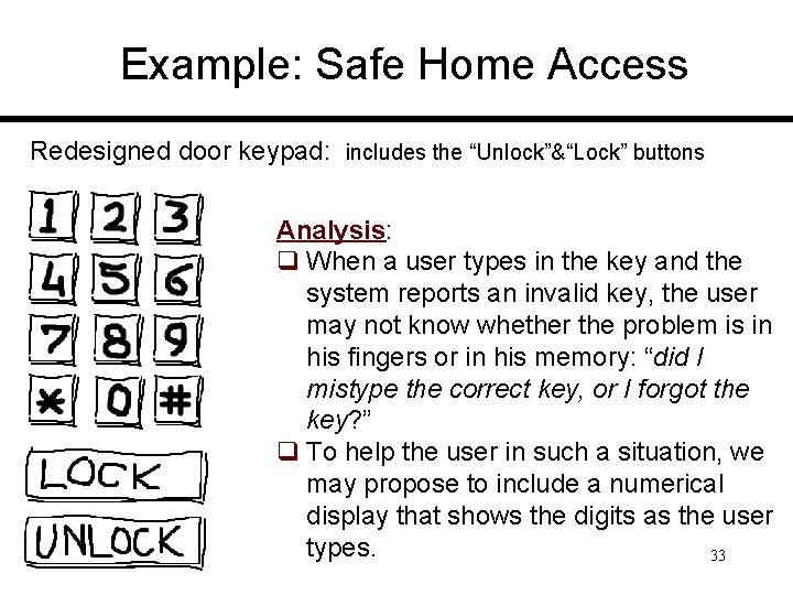 Example: Safe Home Access Redesigned door keypad: includes the “Unlock”&“Lock” buttons Analysis: q When