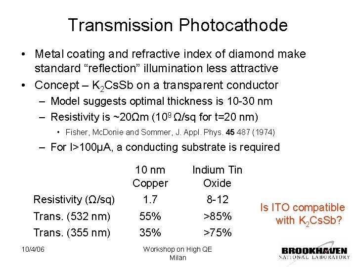 Transmission Photocathode • Metal coating and refractive index of diamond make standard “reflection” illumination