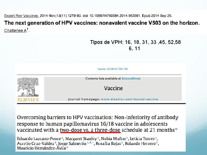 Tipos de VPH: 16, 18, 31, 33 , 45, 52, 58 6, 11 