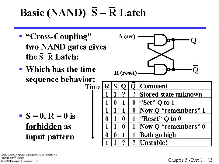 Basic (NAND) S – R Latch § “Cross-Coupling” S (set) Q two NAND gates